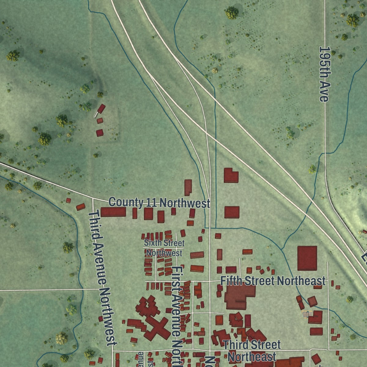 Second close-up of the map of Pine Island, Minnesota print showing more streets and buildings