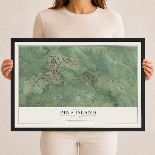 Map of Pine Island, Minnesota, 12 x 18 inch print in a black wood frame