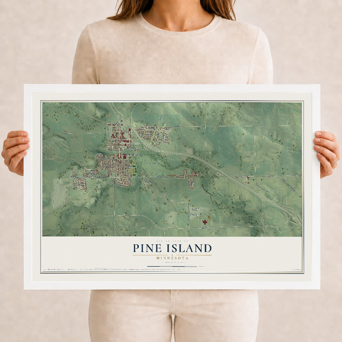 Map of Pine Island, Minnesota, 12 x 18 inch print in a white wood frame