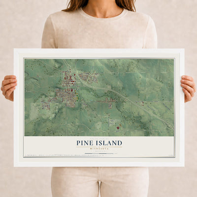 Map of Pine Island, Minnesota, 12 x 18 inch print in a white wood frame