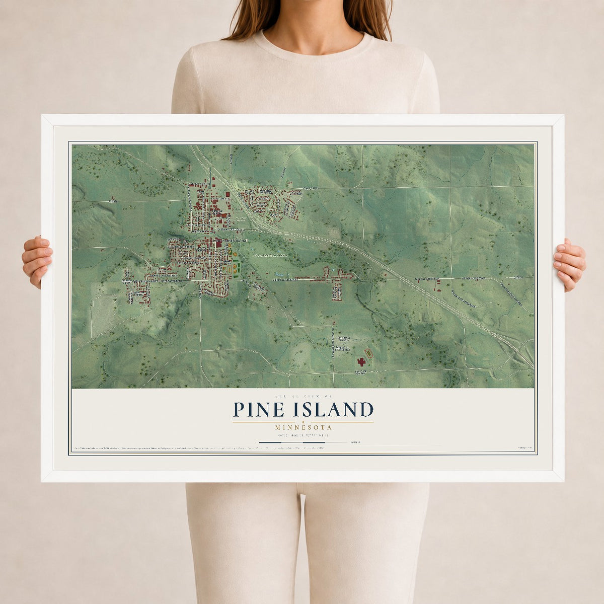 Map of Pine Island, Minnesota, 24 x 36 inch print in a white wood frame