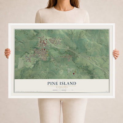 Map of Pine Island, Minnesota, 24 x 36 inch print in a white wood frame