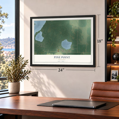 Pine Point, Minnesota map, 18 x 24 inch print in a black frame in a home office
