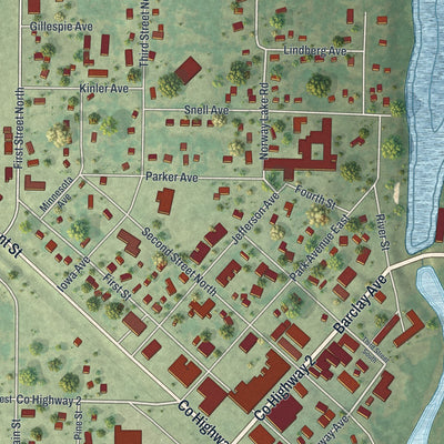 Close-up of the map of Pine River, Minnesota print showing street and building detail
