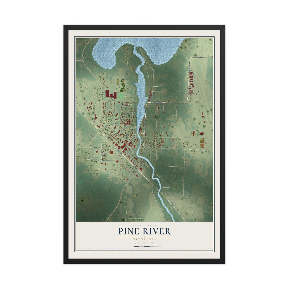 Map of Pine River, Minnesota, 12 x 18 inch print in a black wood frame