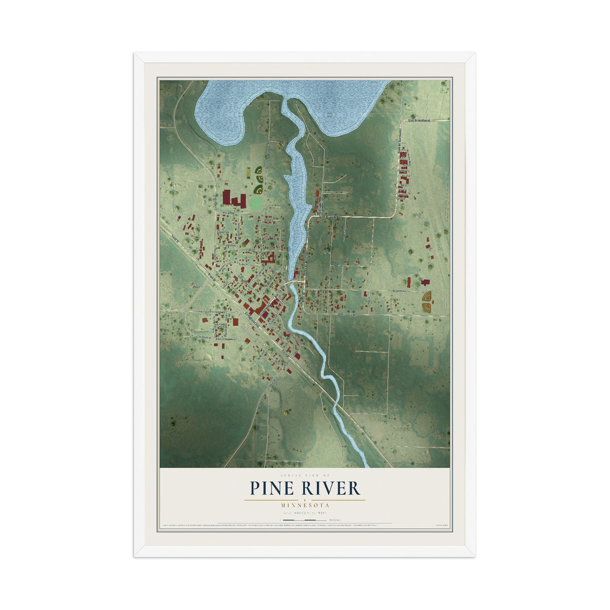 Map of Pine River, Minnesota, 12 x 18 inch print in a white wood frame