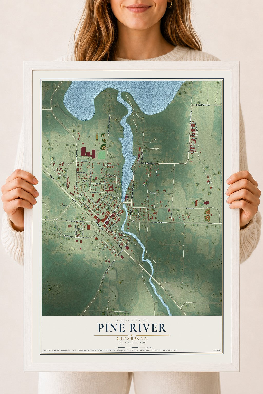 Map of Pine River, Minnesota, 18 x 24 inch print in a white wood frame