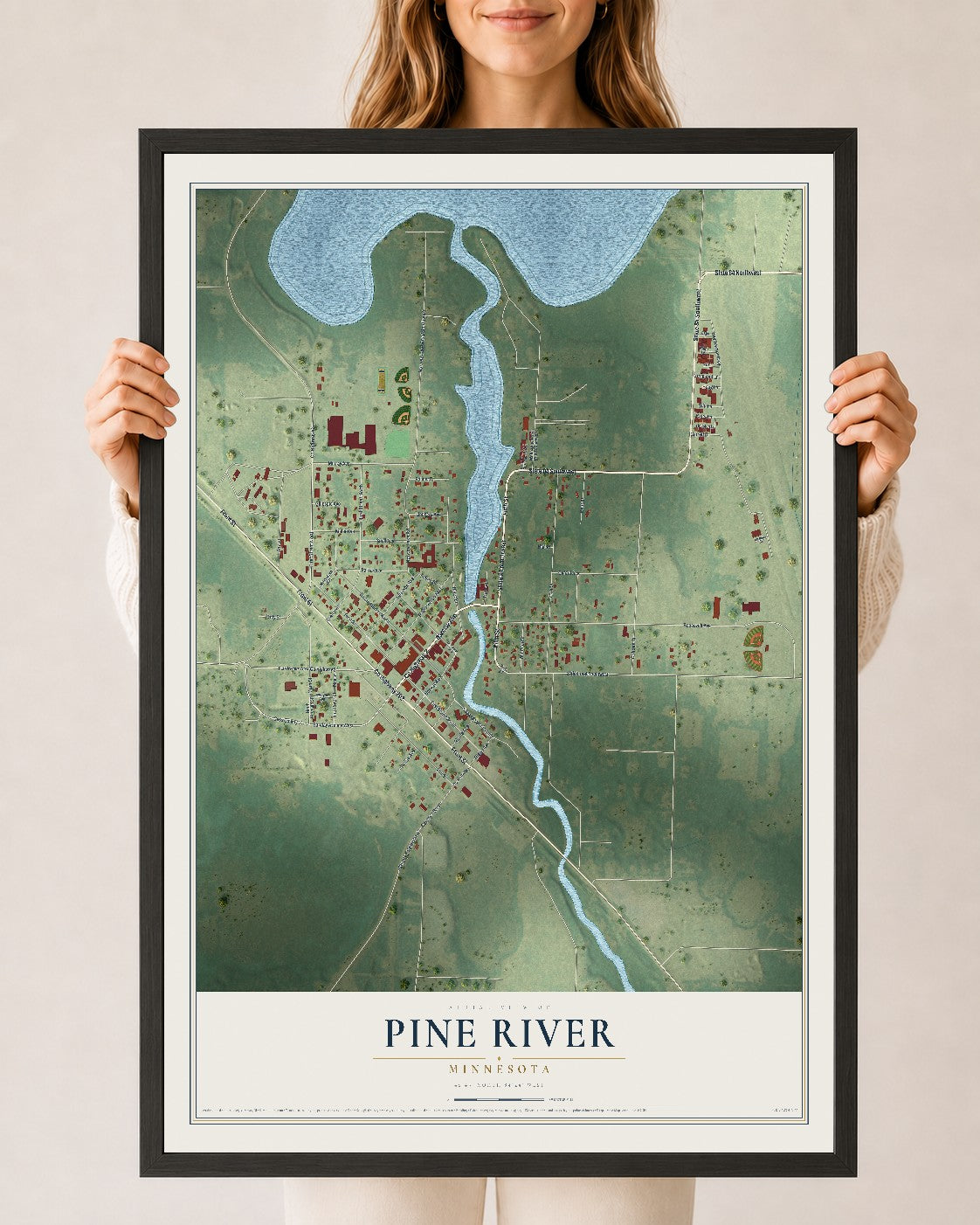 Map of Pine River, Minnesota, 24 x 36 inch print in a black wood frame