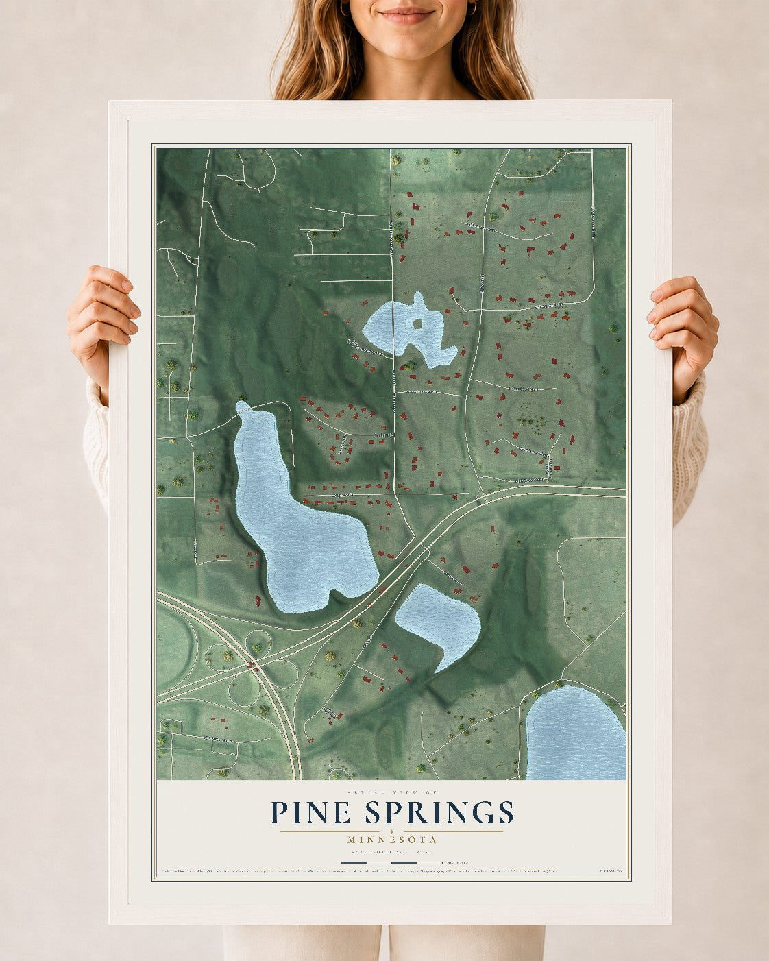 Map of Pine Springs, Minnesota, 24 x 36 inch print in a white wood frame