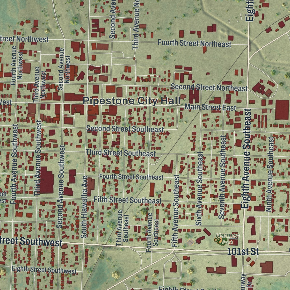 Close-up of the map of Pipestone, Minnesota print showing street and building detail