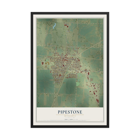 Map of Pipestone, Minnesota, 12 x 18 inch print in a black wood frame