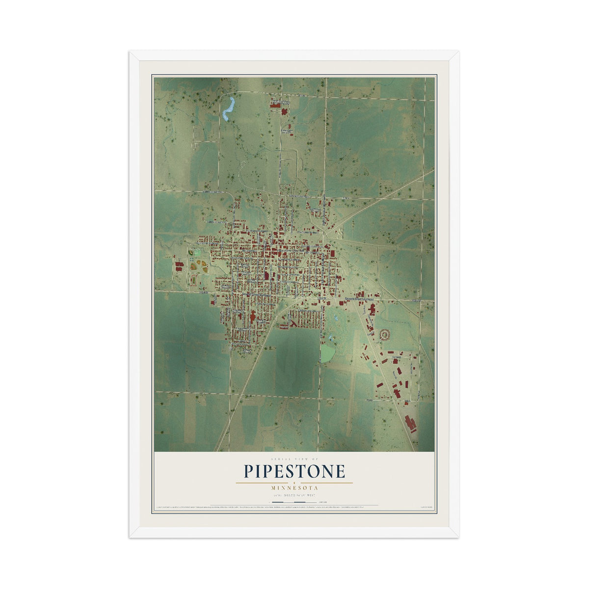 Map of Pipestone, Minnesota, 12 x 18 inch print in a white wood frame