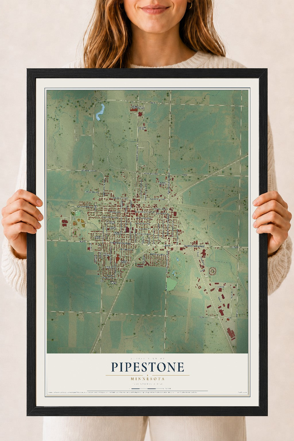 Map of Pipestone, Minnesota, 18 x 24 inch print in a black wood frame