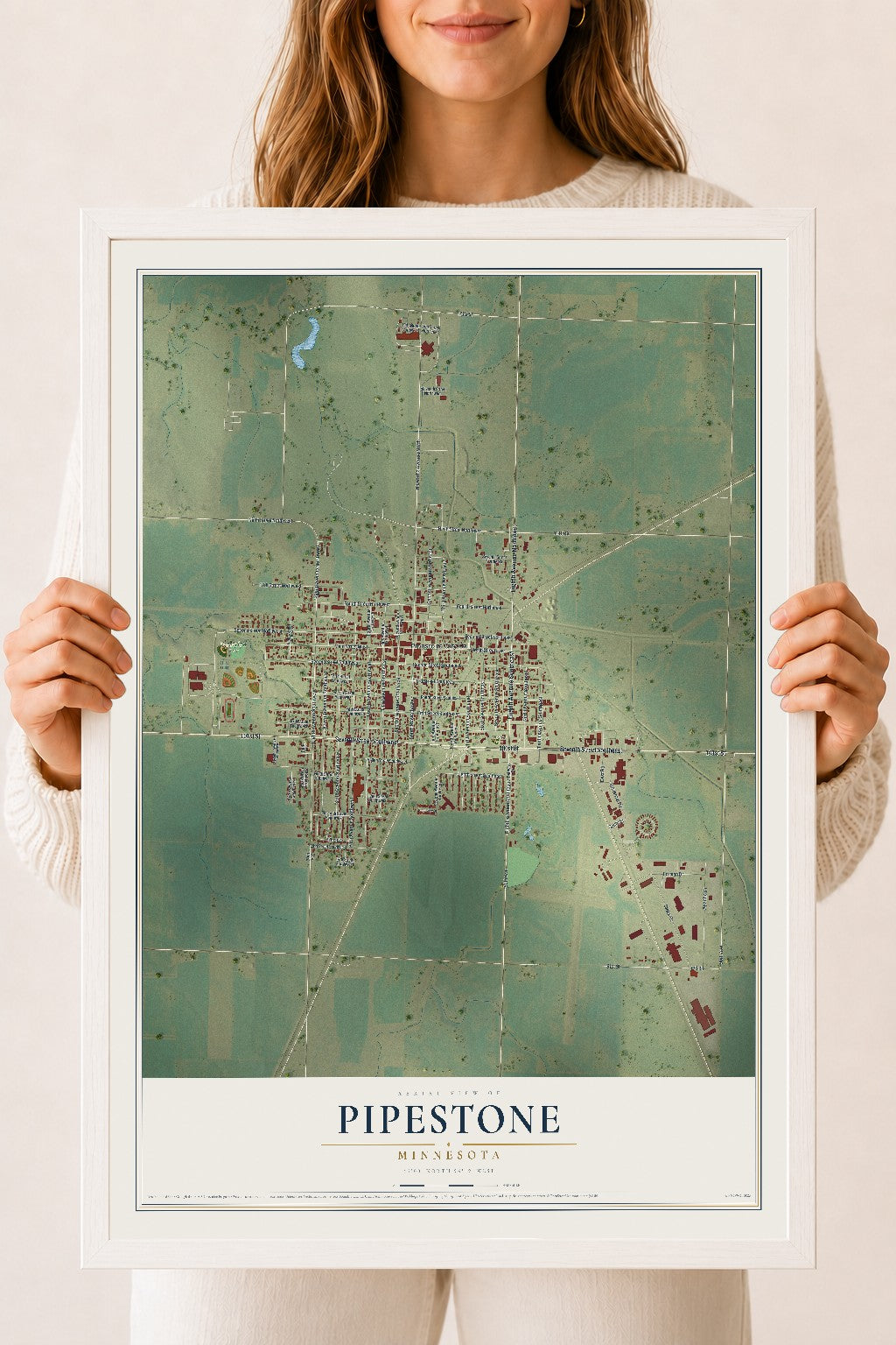 Map of Pipestone, Minnesota, 18 x 24 inch print in a white wood frame