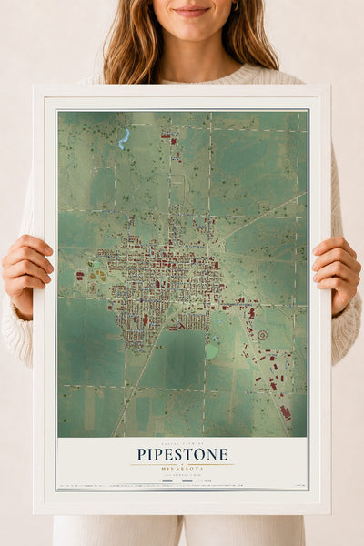 Map of Pipestone, Minnesota, 18 x 24 inch print in a white wood frame
