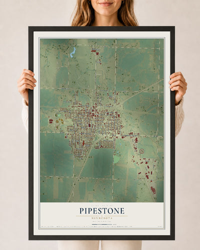Map of Pipestone, Minnesota, 24 x 36 inch print in a black wood frame