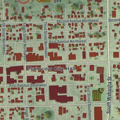 Close-up of the map of Plainview, Minnesota print showing street and building detail