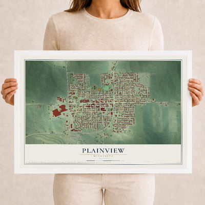 Map of Plainview, Minnesota, 12 x 18 inch print in a white wood frame