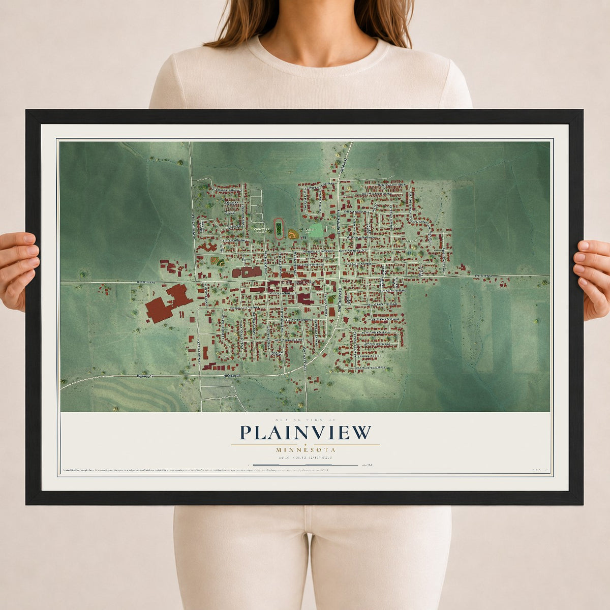 Map of Plainview, Minnesota, 18 x 24 inch print in a black wood frame