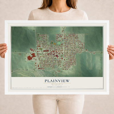 Map of Plainview, Minnesota, 18 x 24 inch print in a white wood frame