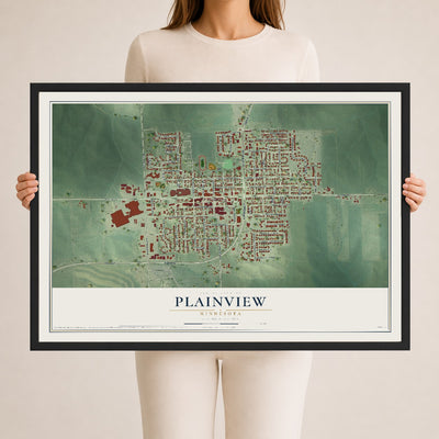 Map of Plainview, Minnesota, 24 x 36 inch print in a black wood frame