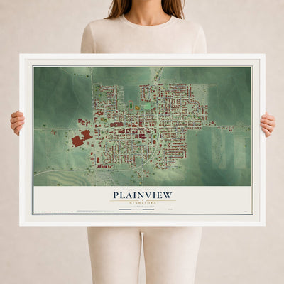 Map of Plainview, Minnesota, 24 x 36 inch print in a white wood frame