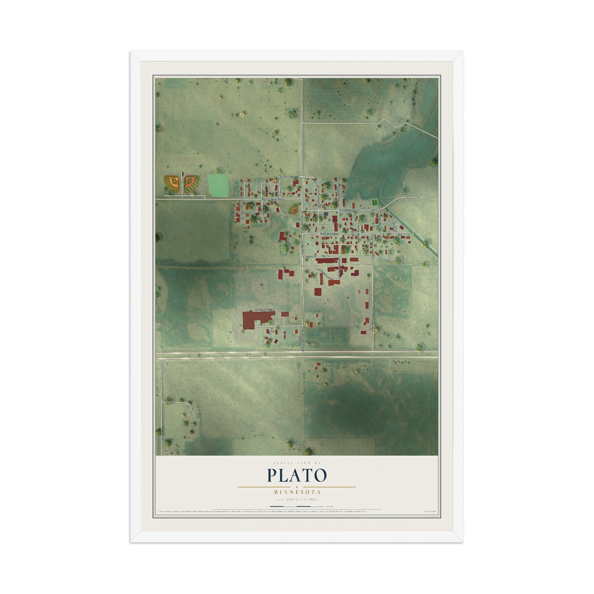Map of Plato, Minnesota, 12 x 18 inch print in a white wood frame