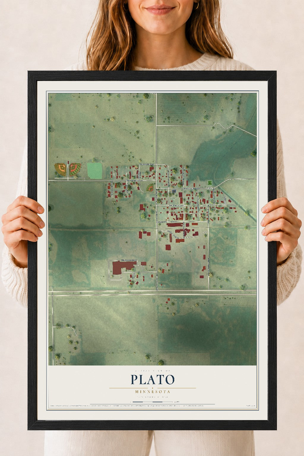 Map of Plato, Minnesota, 18 x 24 inch print in a black wood frame