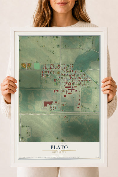 Map of Plato, Minnesota, 18 x 24 inch print in a white wood frame
