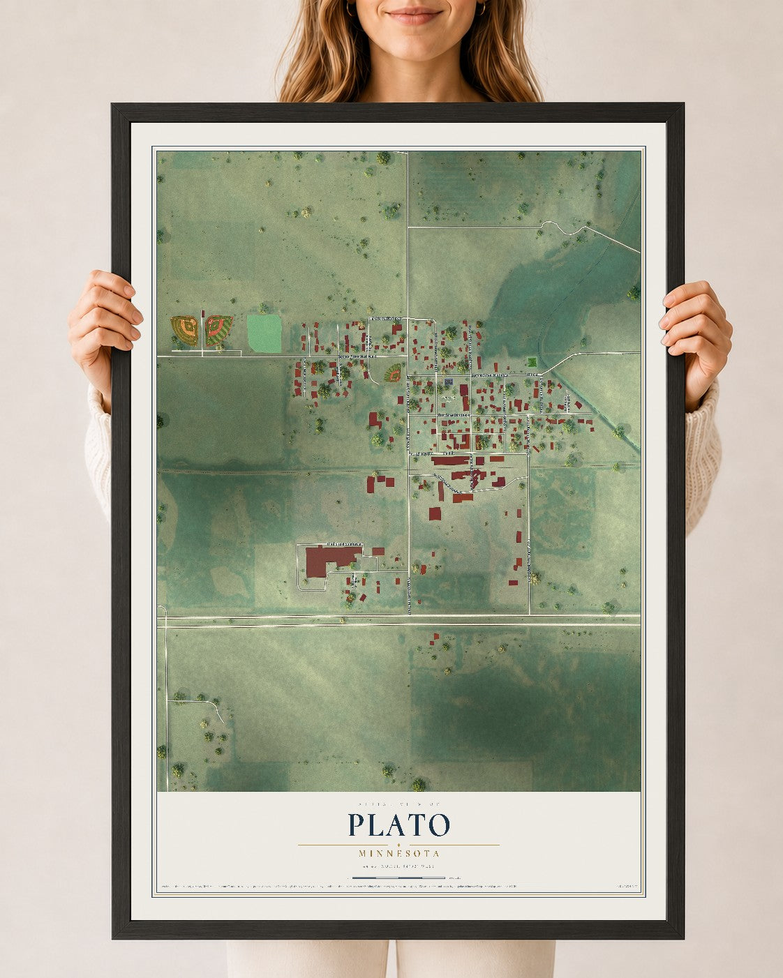 Map of Plato, Minnesota, 24 x 36 inch print in a black wood frame
