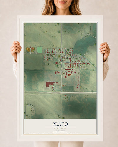 Map of Plato, Minnesota, 24 x 36 inch print in a white wood frame