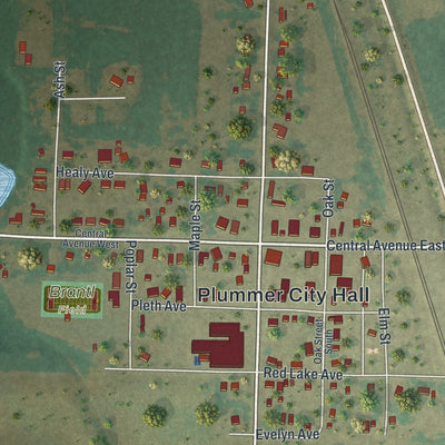 Close-up of the map of Plummer, Minnesota print showing street and building detail