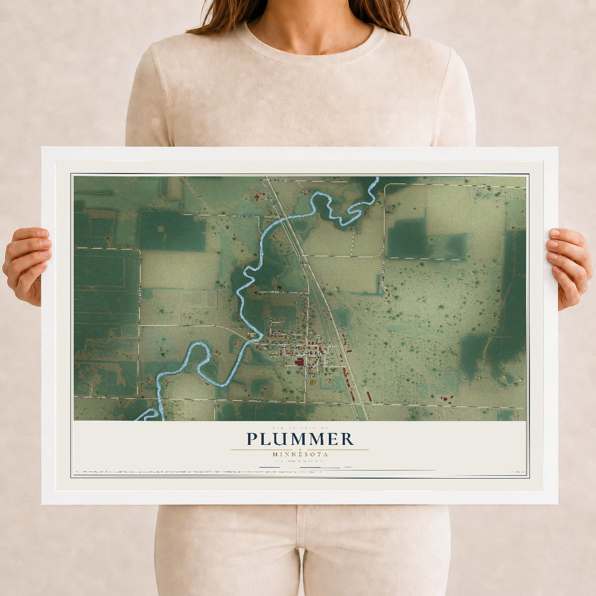 Map of Plummer, Minnesota, 12 x 18 inch print in a white wood frame