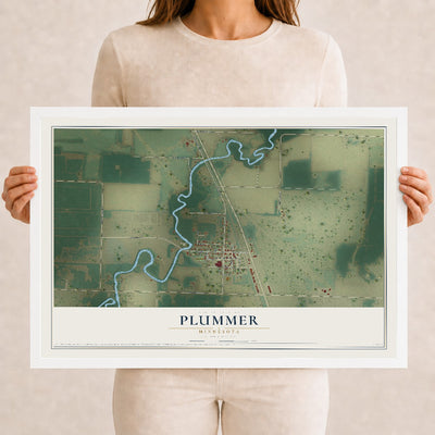 Map of Plummer, Minnesota, 12 x 18 inch print in a white wood frame