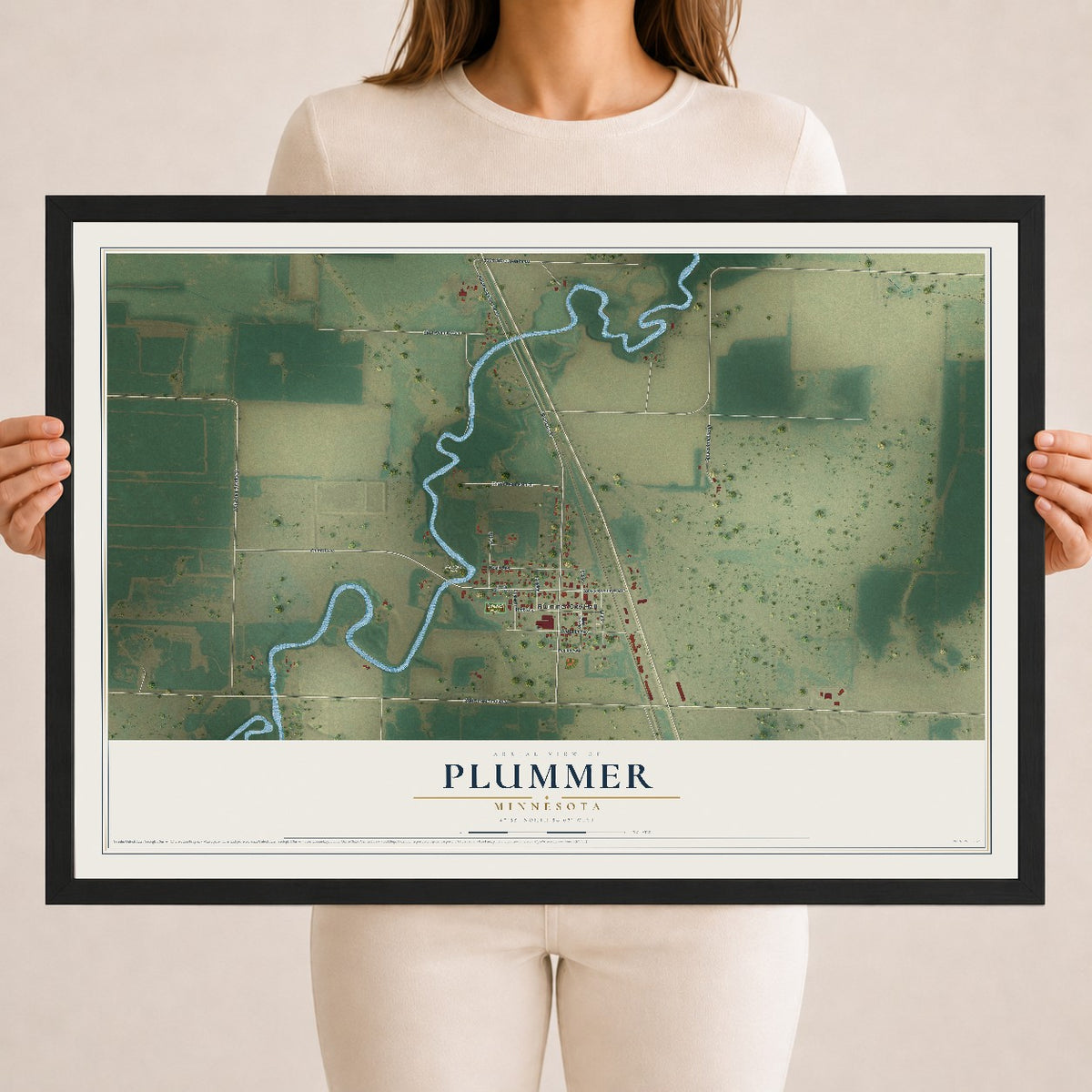 Map of Plummer, Minnesota, 18 x 24 inch print in a black wood frame