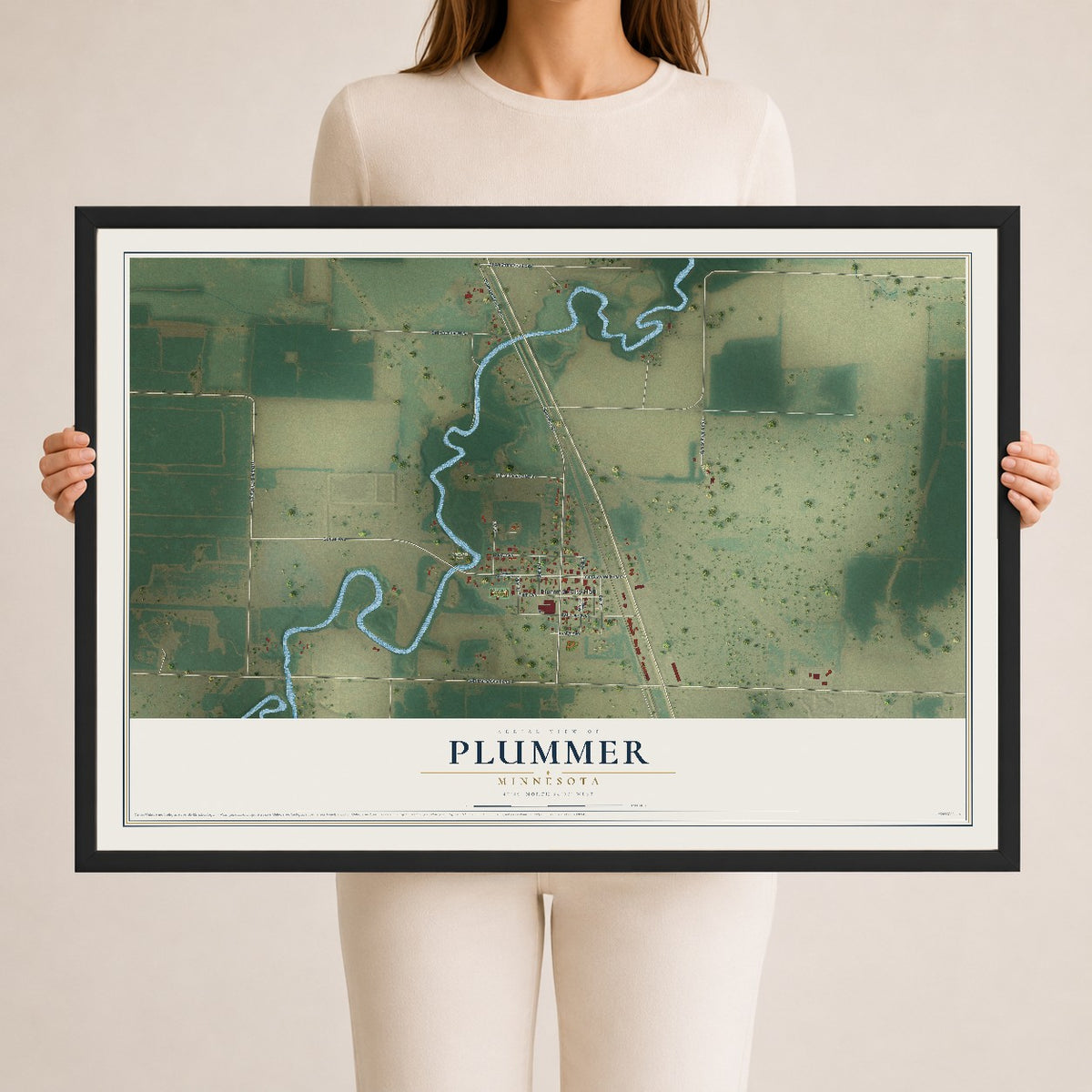 Map of Plummer, Minnesota, 24 x 36 inch print in a black wood frame