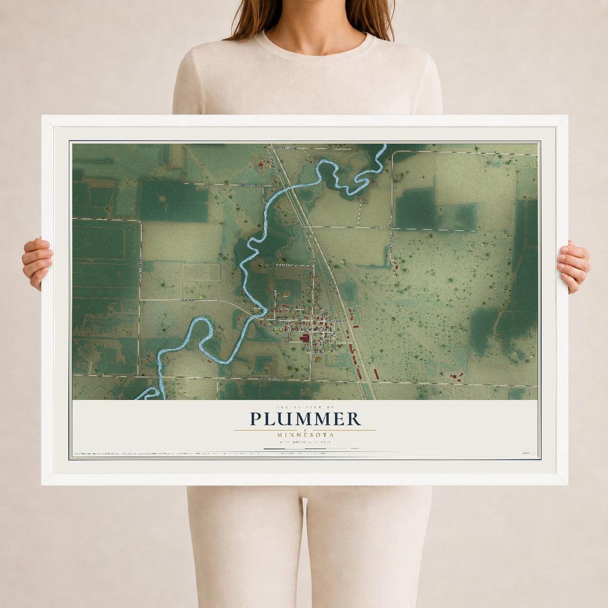 Map of Plummer, Minnesota, 24 x 36 inch print in a white wood frame
