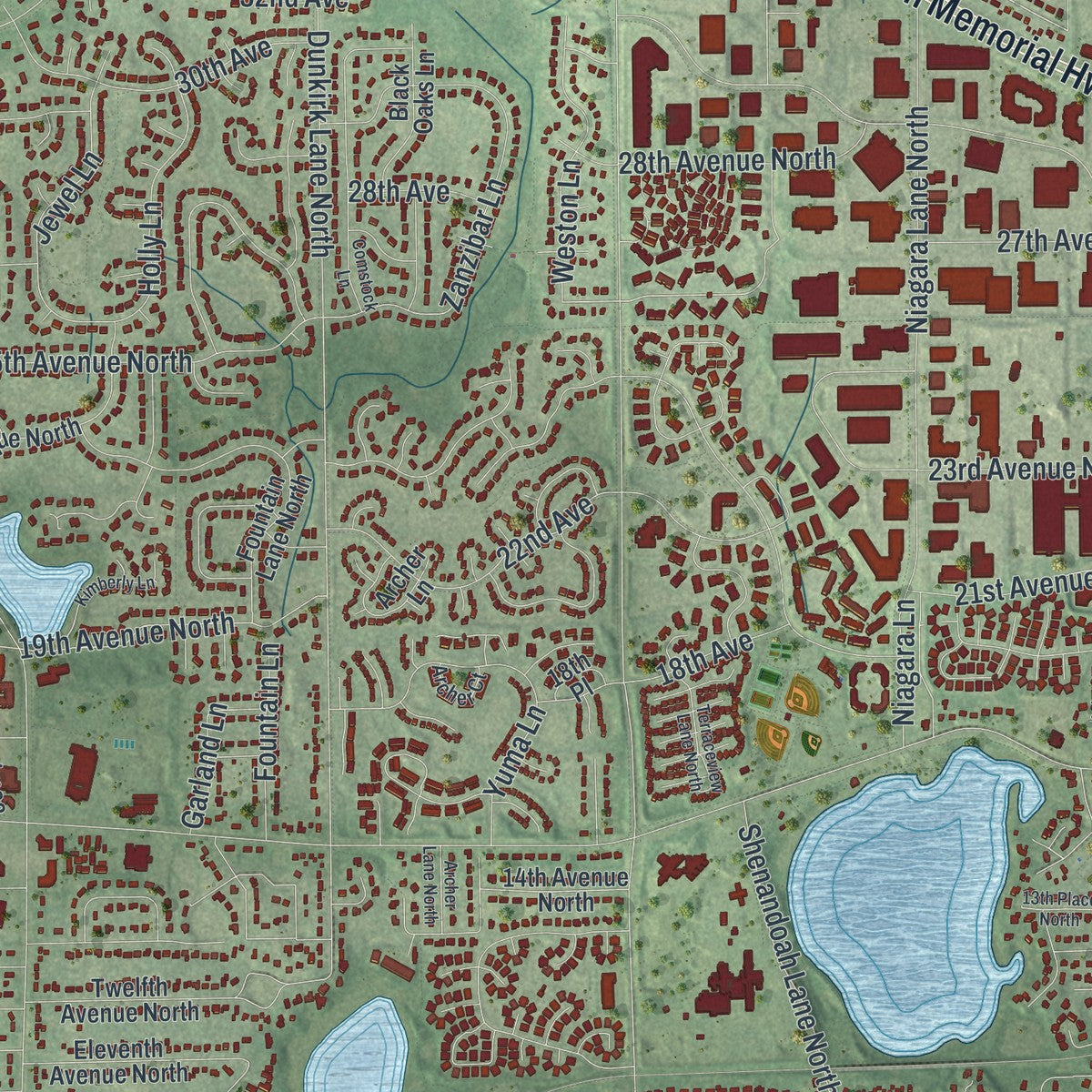 Close-up of the map of Plymouth, Minnesota print showing street and building detail