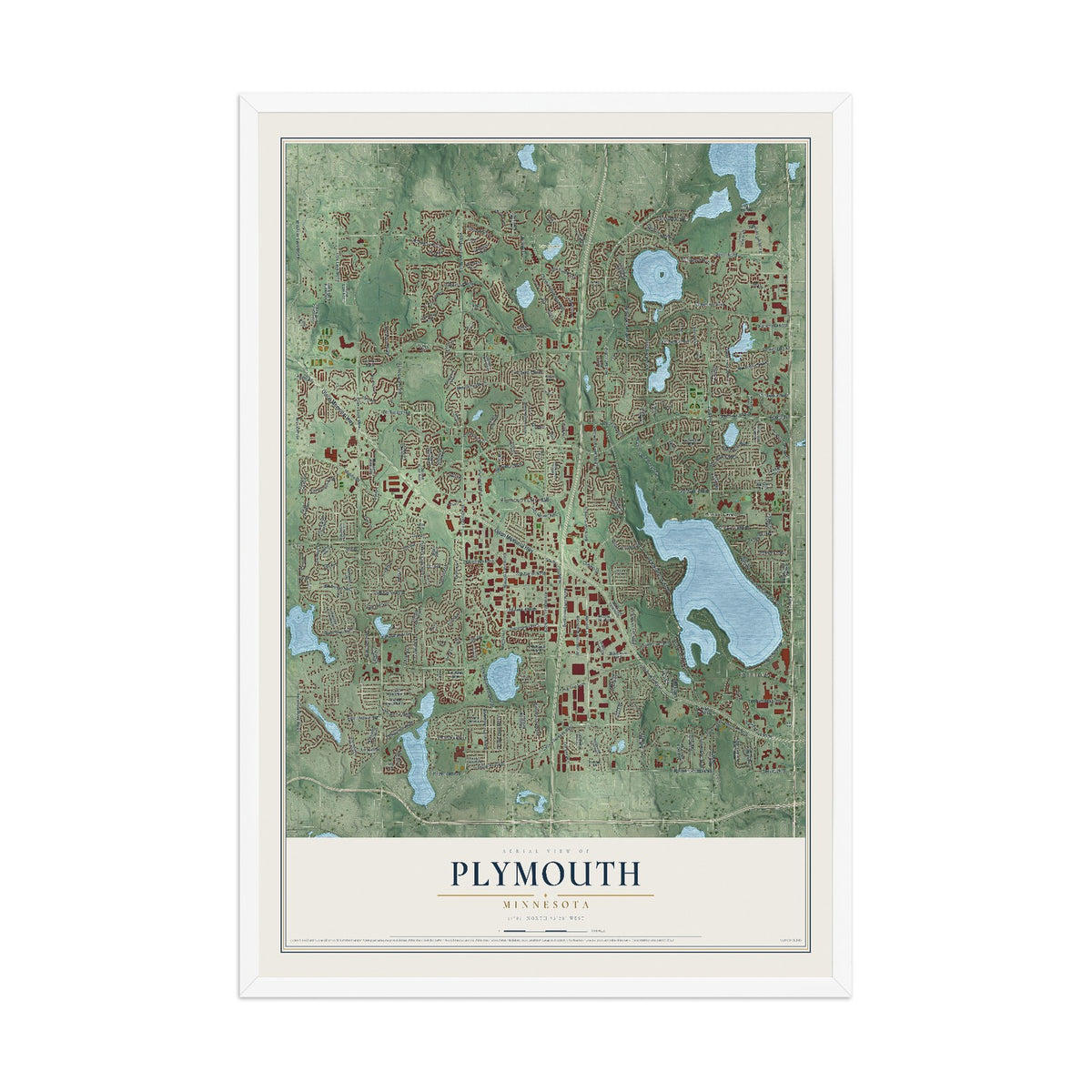 Map of Plymouth, Minnesota, 12 x 18 inch print in a white wood frame