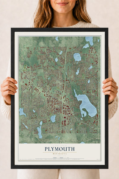 Map of Plymouth, Minnesota, 18 x 24 inch print in a black wood frame