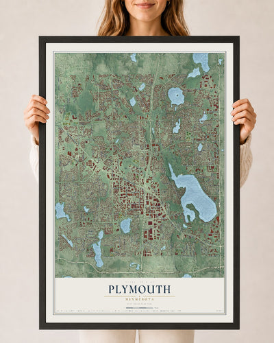 Map of Plymouth, Minnesota, 24 x 36 inch print in a black wood frame