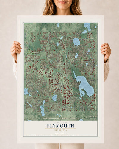 Map of Plymouth, Minnesota, 24 x 36 inch print in a white wood frame