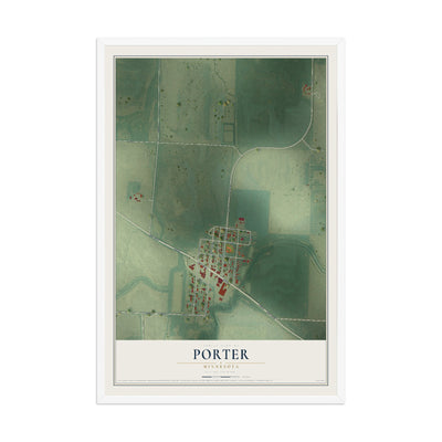 Map of Porter, Minnesota, 12 x 18 inch print in a white wood frame