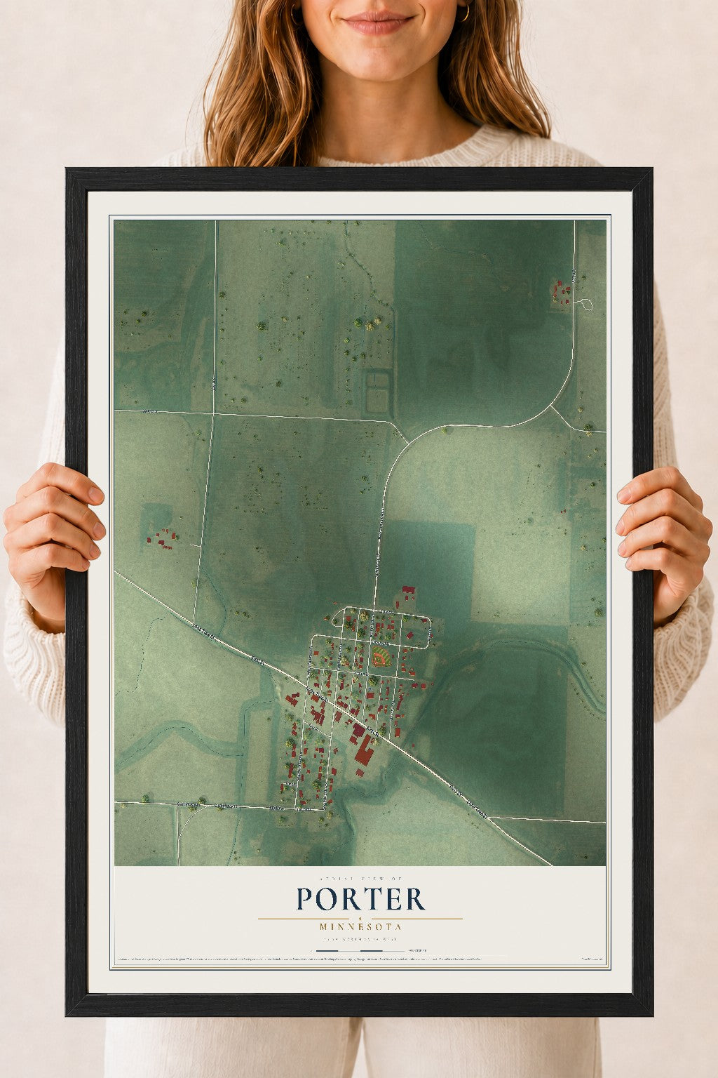 Map of Porter, Minnesota, 18 x 24 inch print in a black wood frame