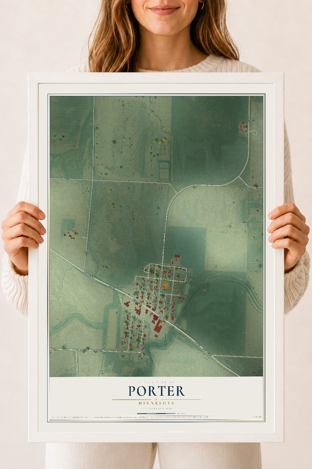Map of Porter, Minnesota, 18 x 24 inch print in a white wood frame