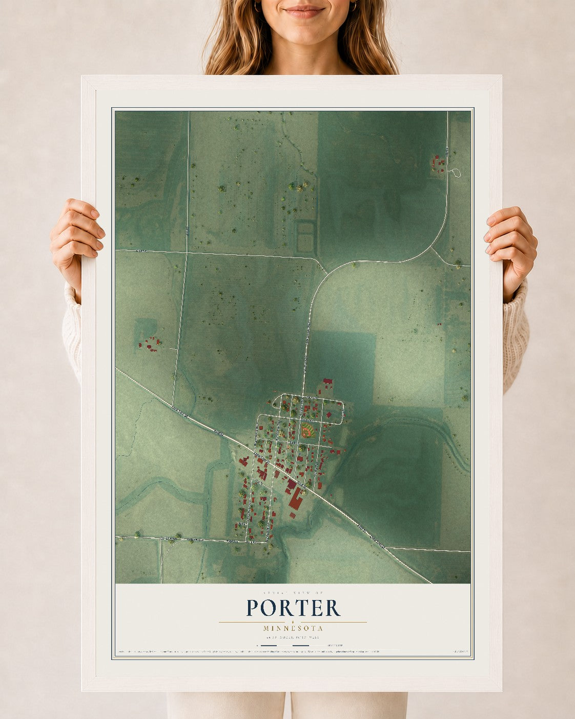 Map of Porter, Minnesota, 24 x 36 inch print in a white wood frame