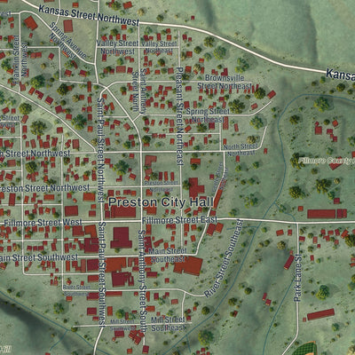 Close-up of the map of Preston, Minnesota print showing street and building detail