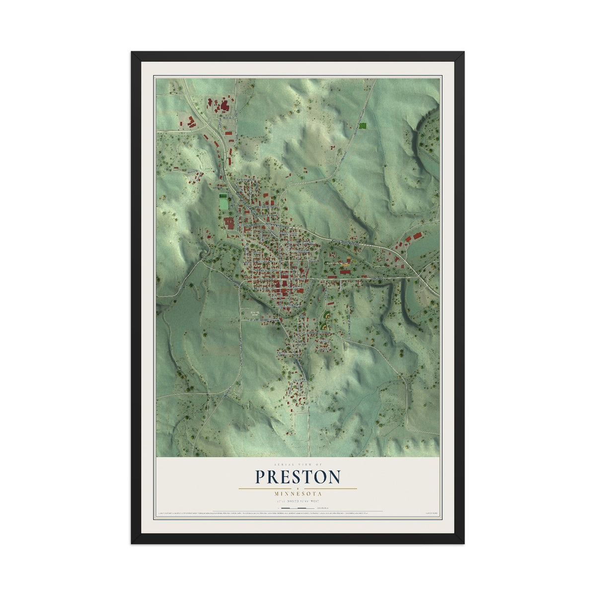Map of Preston, Minnesota, 12 x 18 inch print in a black wood frame