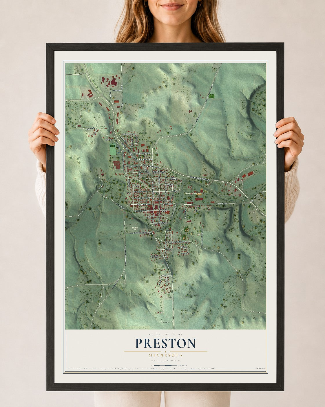 Map of Preston, Minnesota, 24 x 36 inch print in a black wood frame