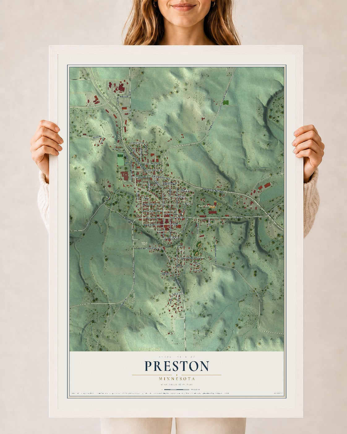 Map of Preston, Minnesota, 24 x 36 inch print in a white wood frame